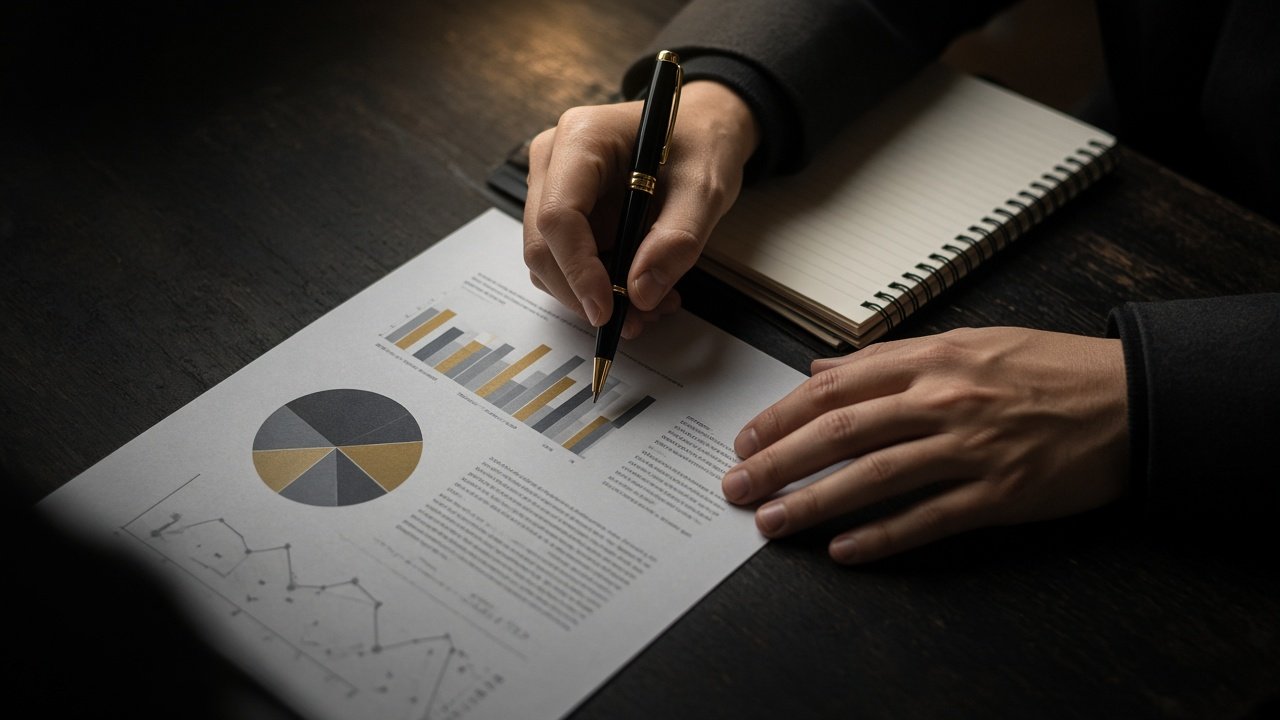 Hands reviewing financial charts across a meeting table